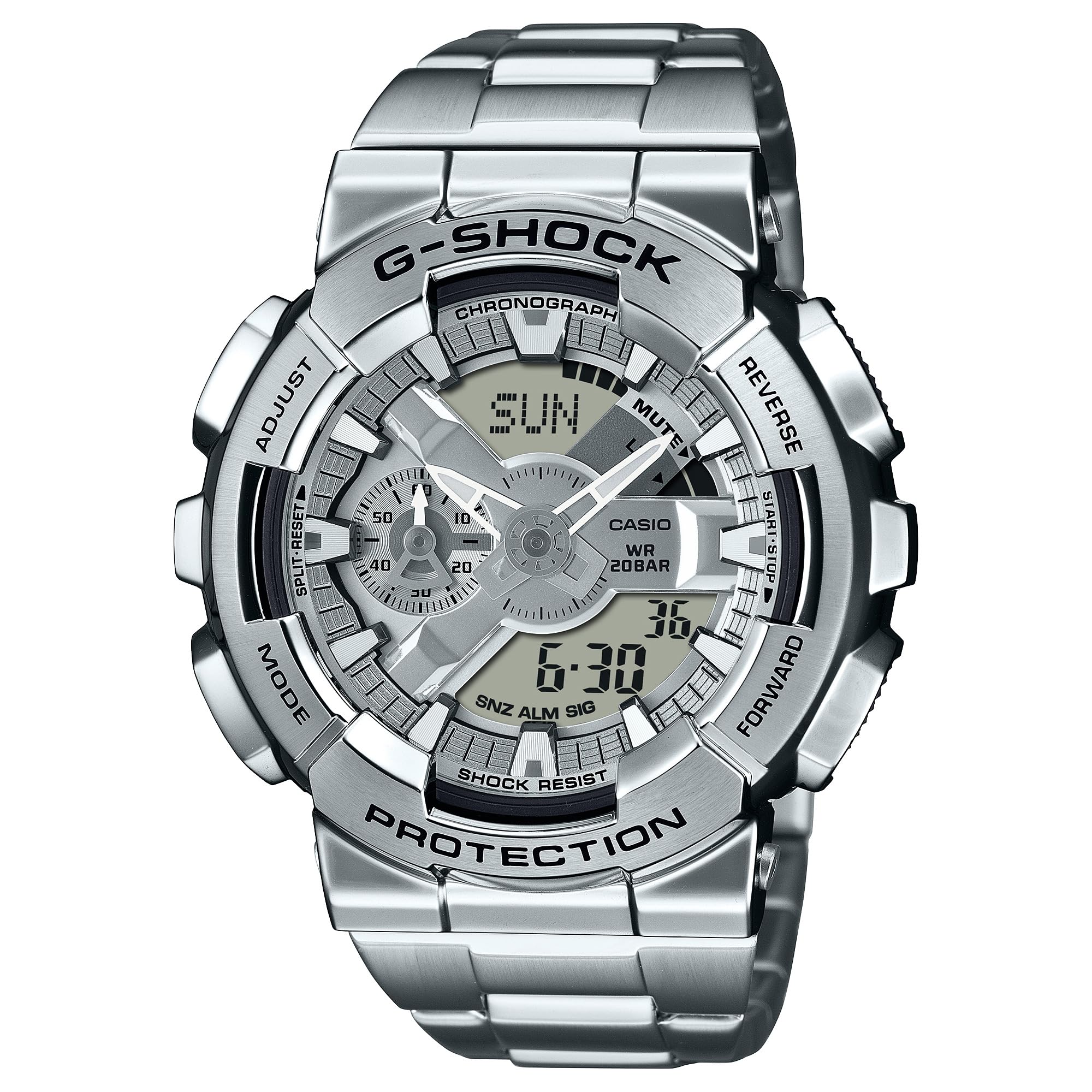 G-Shock Casio フルメタルアナログデジタル腕時計 GM110, シルバー, スチームパンク。