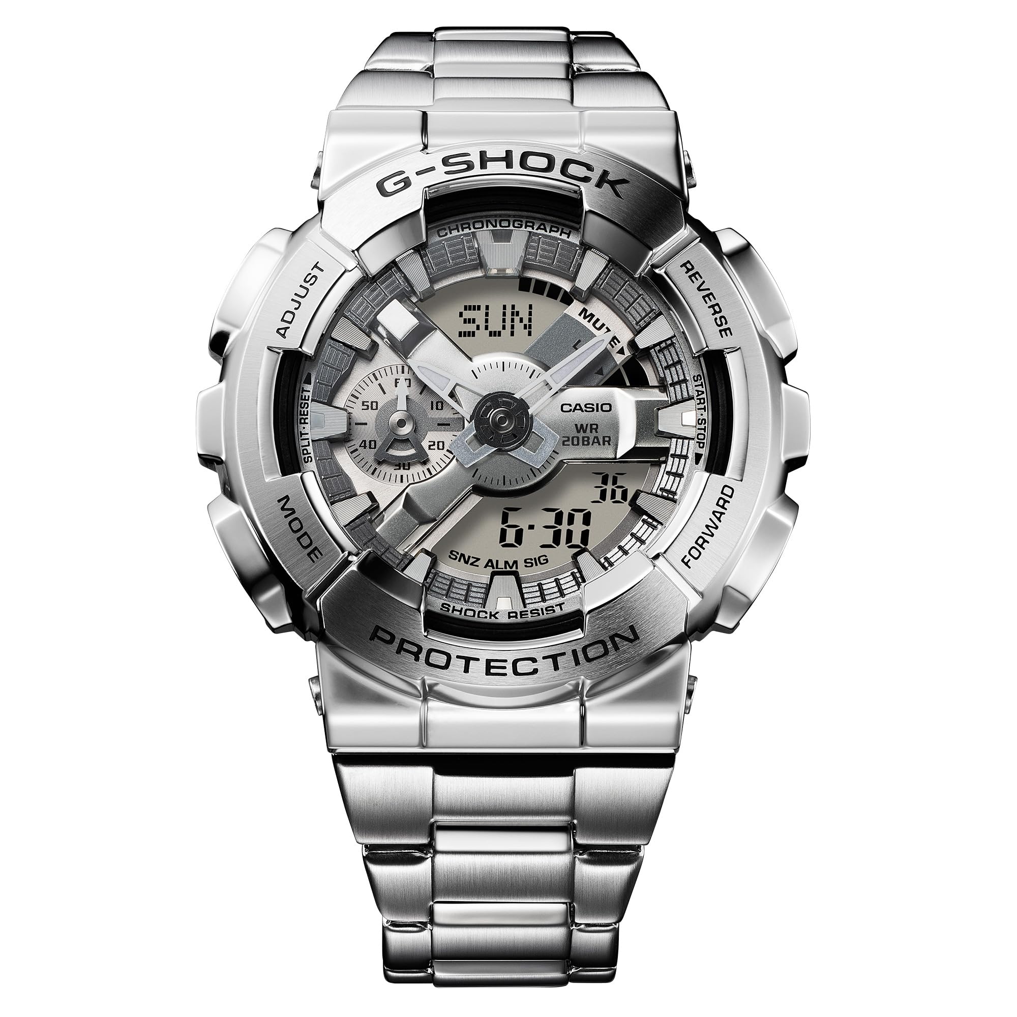 G-Shock Casio フルメタルアナログデジタル腕時計 GM110, シルバー, スチームパンク。