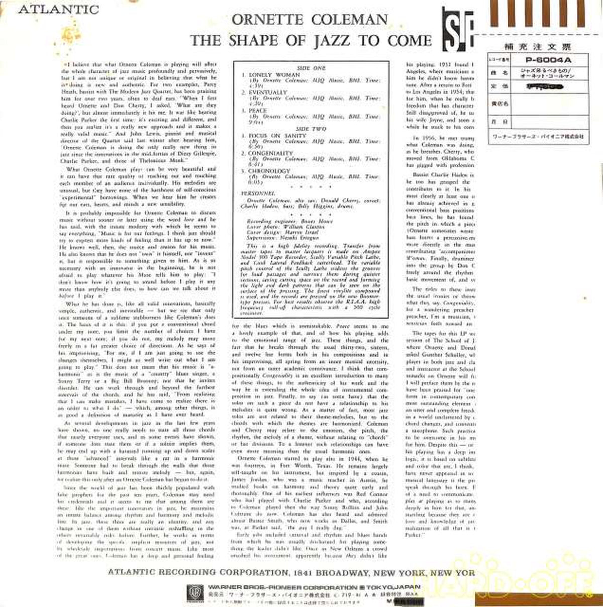Warner Pioneer Ornette Coleman "Jazz What Is Coming" P-6004A