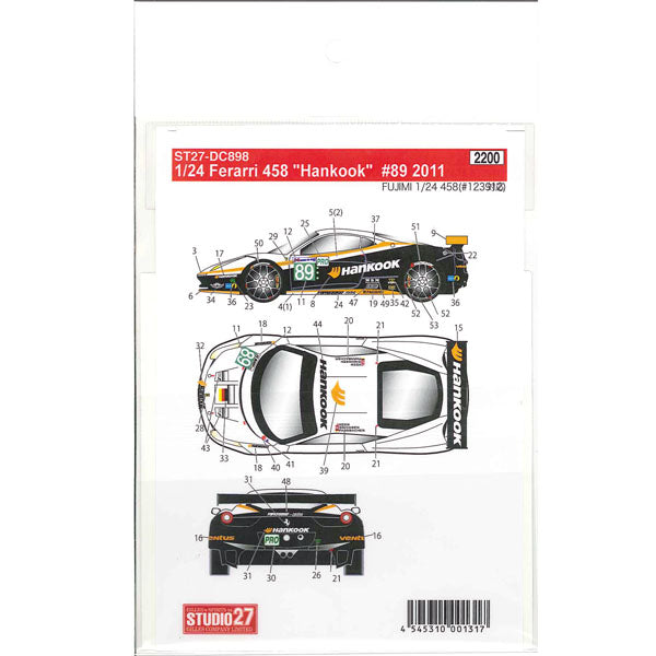 Studio27 DC898 1/24 Ferrari 458 "Hankook" #89 2011 Decal - BanzaiHobby