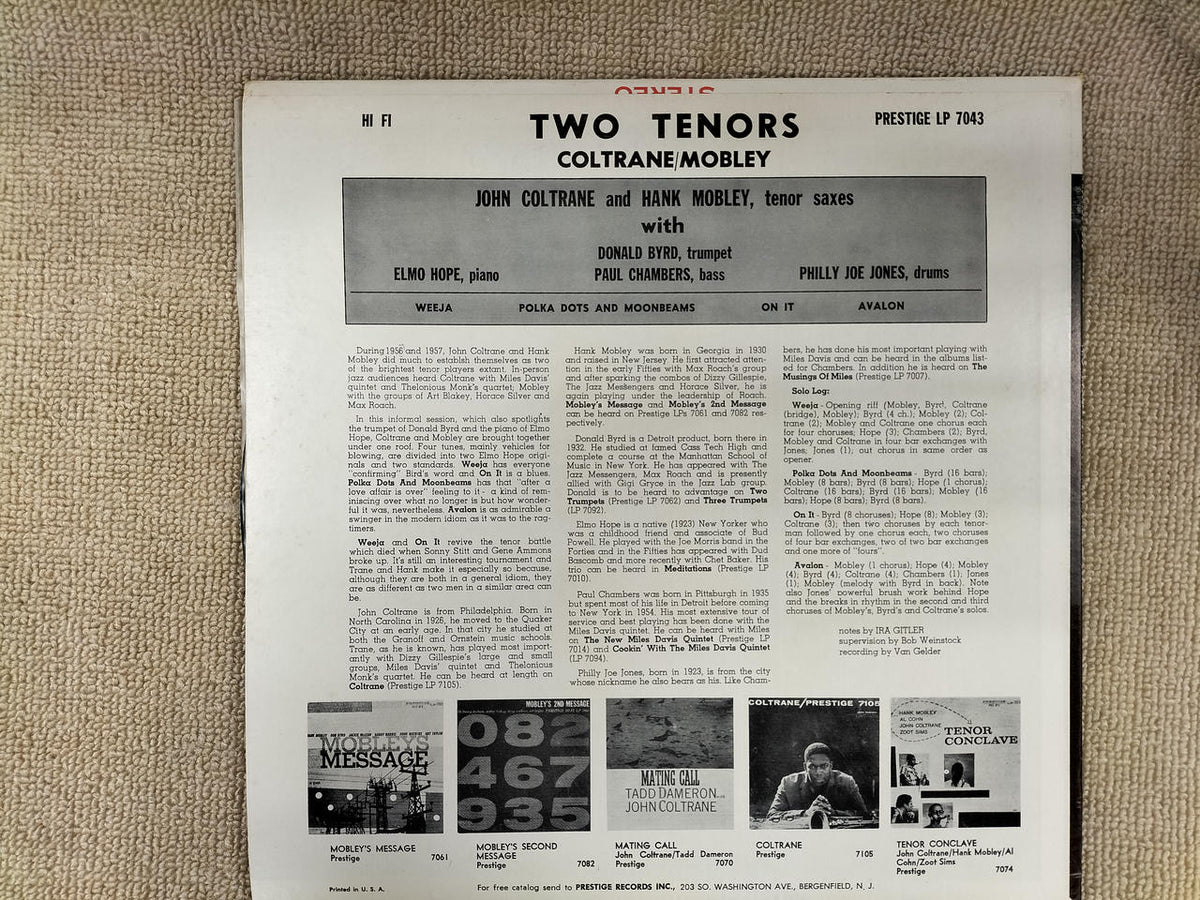 PRESTIGE LP record TWO TENORS JOHN COLTRANE & HANK