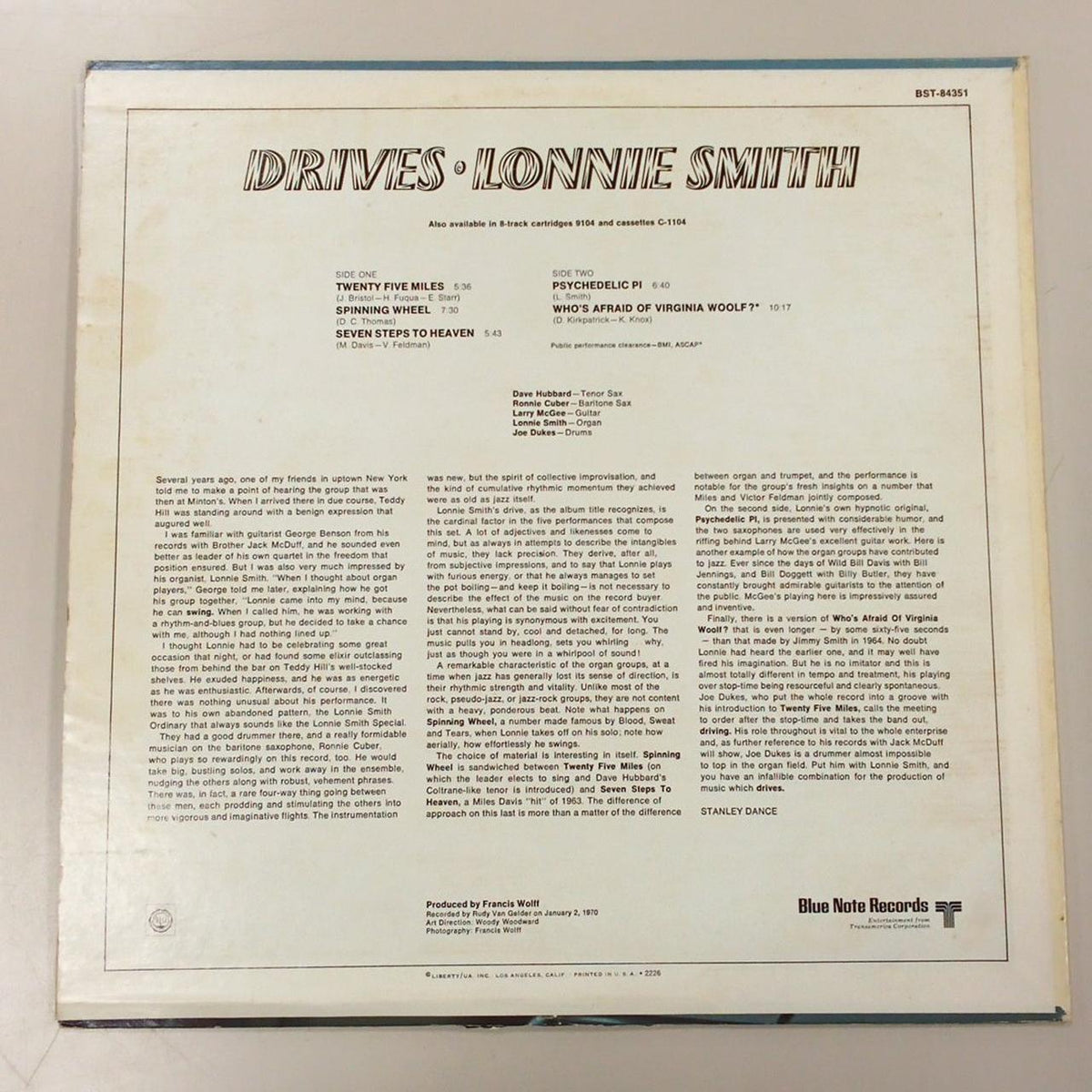 BLUE NOTE RECORDS LONNIE SMITH/DRIVES BST-84351