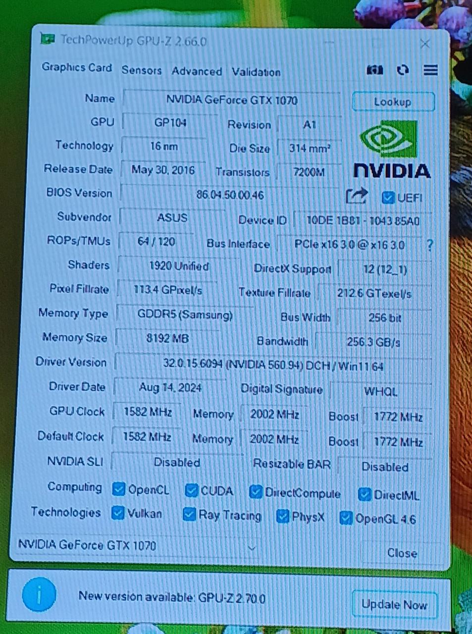 ASUS Graphics Card: DUAL-GTX1070-O8G