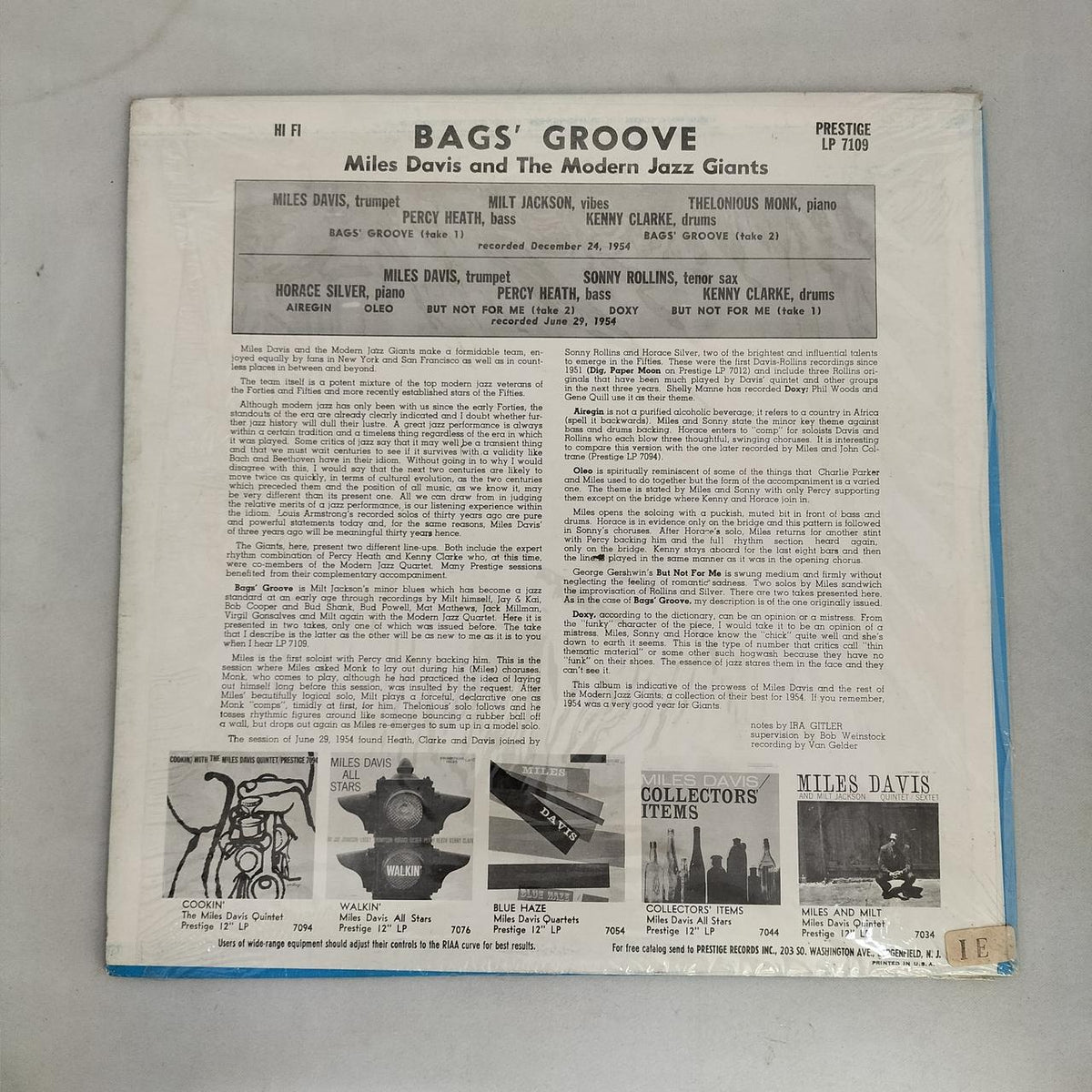Prestige LP Record JAZZ/FUSION MILES DAVIS/BAGS GROOVE