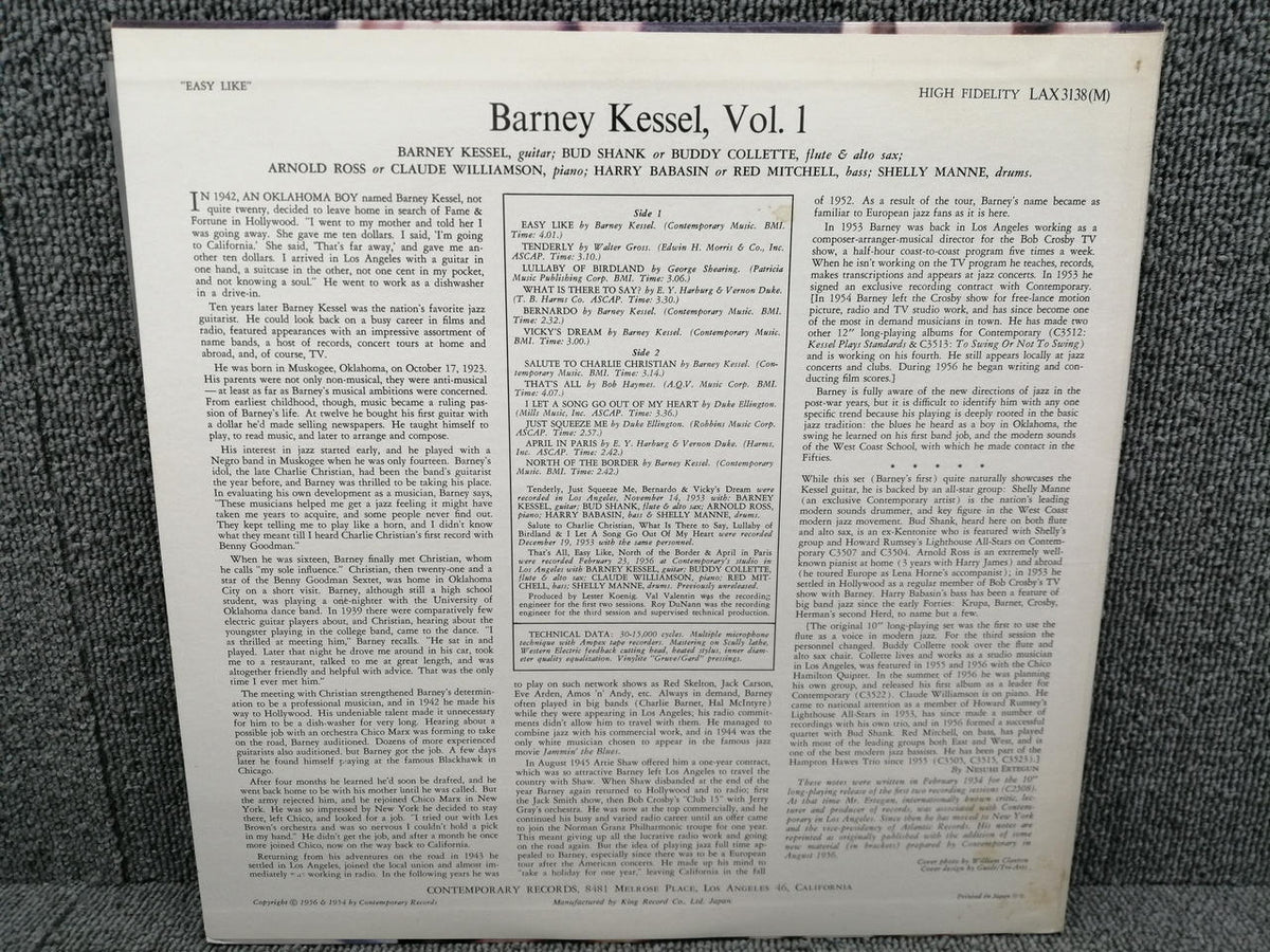 CONTEMPORARY RECORDS BARNEY KESSEL/EASY LIKE LAX 3138(M)