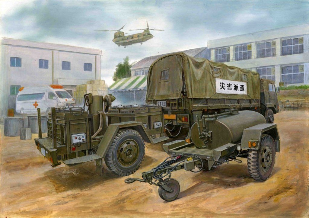 Aoshima JGSDF 3.5t Truck Disaster relief Ver. w/Kitchen Trailer & Water - BanzaiHobby