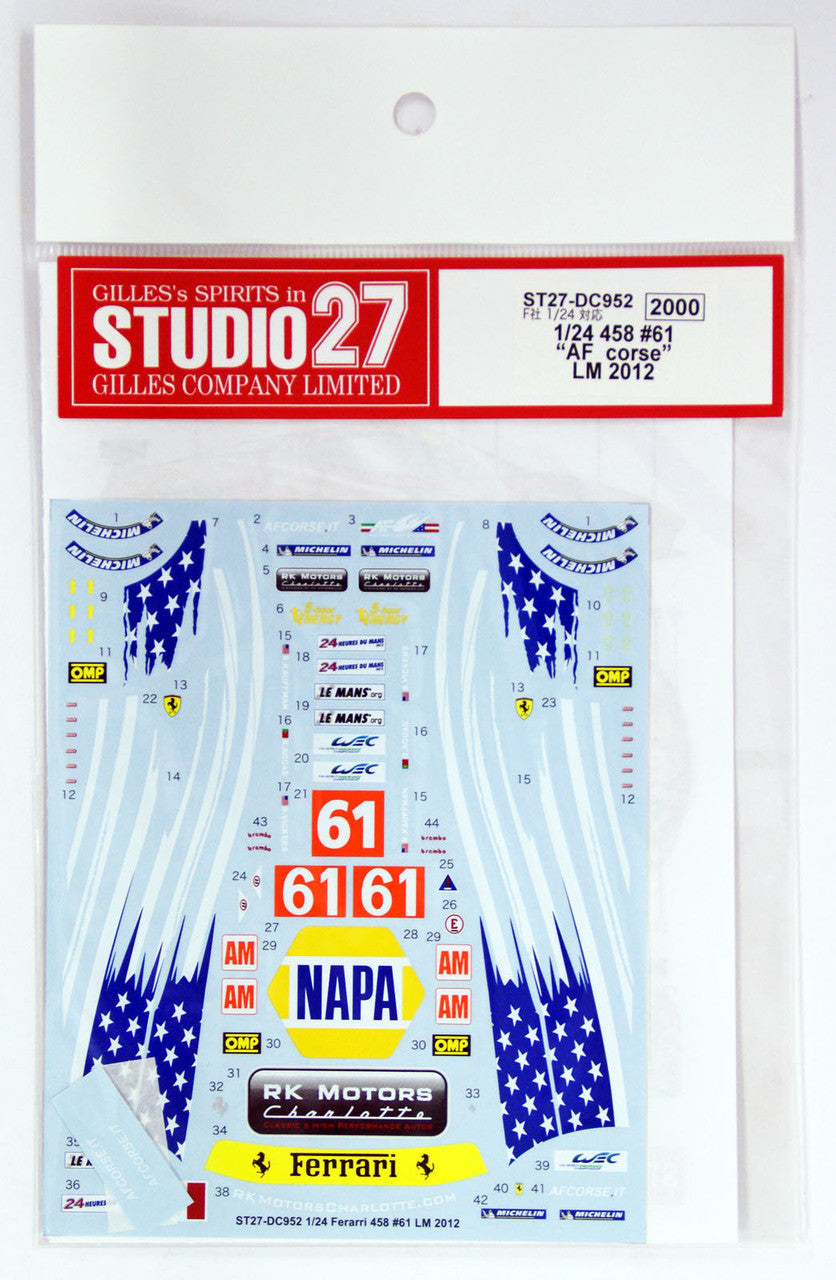 Studio27 DC952 1/24 458 #61 LM 2012 Fujimi Compatible Decal - BanzaiHobby