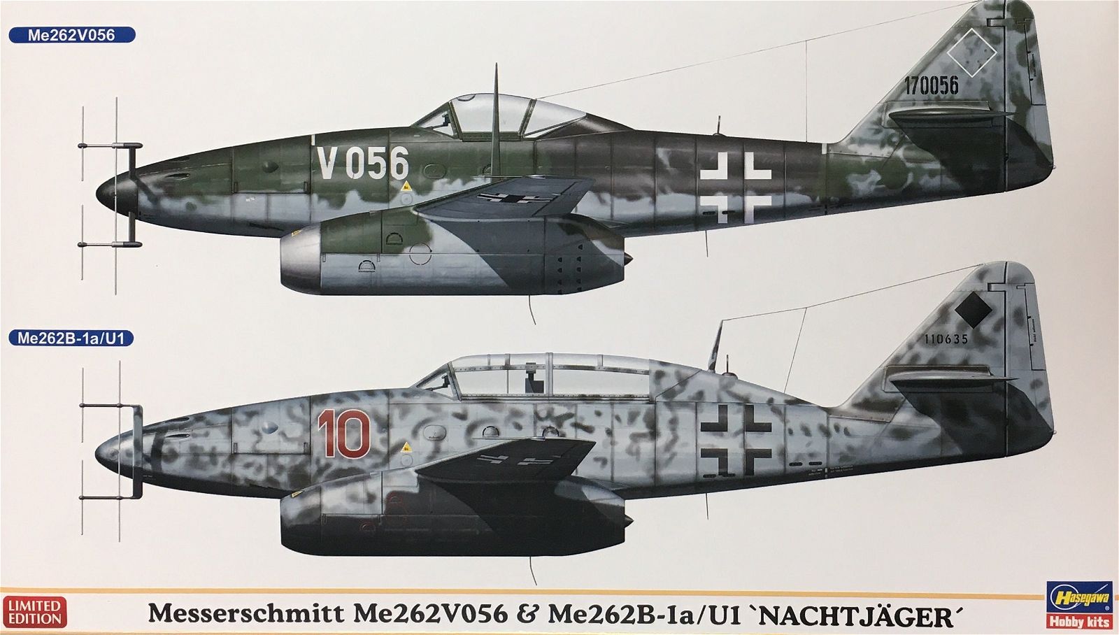 Hasegawa 1/72 Messerschmitt Me262V056 & Me262B-1a/U1 Night Fighter - BanzaiHobby