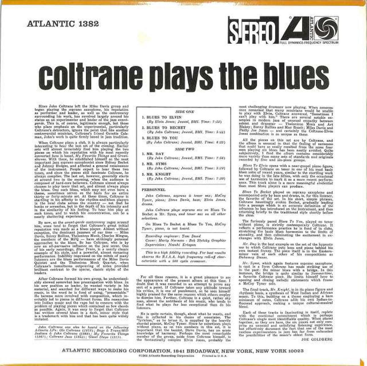 ATLANTIC John Coltrane "PLAYS THE BLUES" 1382