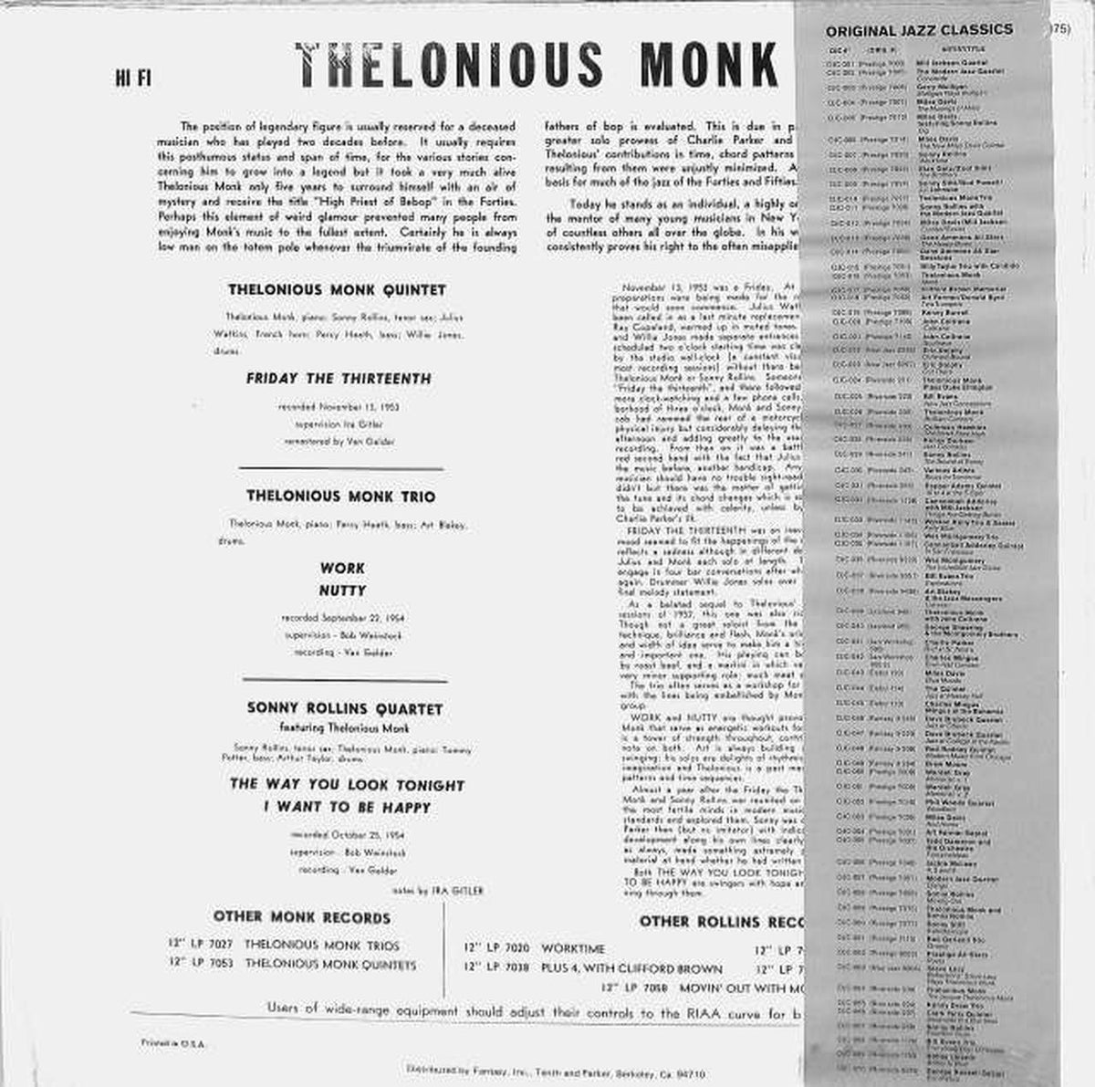 PRESTIGE Thelonious Monk "THELONIOUS MONK/SONN OJC-059"
