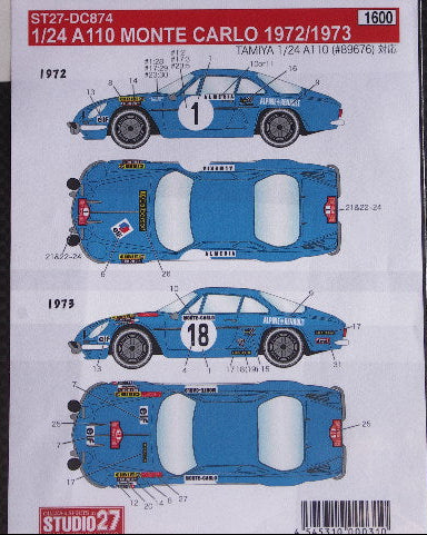 Studio27 DC874 1/24 Alpine A110 Monte Carlo 1972/73 Compatible Decal - BanzaiHobby