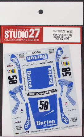 Studio27 DC979 1/24 PORSCHE934 Burton of London #58 LM 1977 Decal - BanzaiHobby