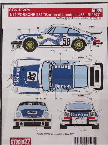 Studio27 DC979 1/24 PORSCHE934 Burton of London #58 LM 1977 Decal