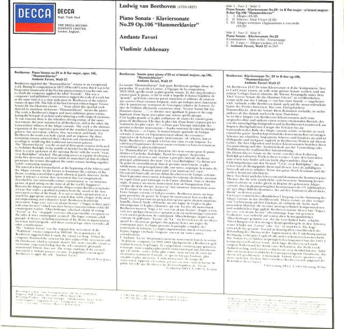 Decca (imported, English) Beethoven 'Hammer Lavia' Ashkenazy SXL-7011