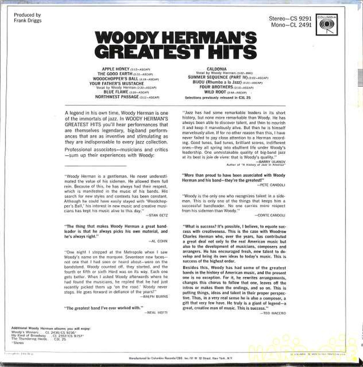 Columbia (imported, US) Woody Herman "Greatest Hits" CS-9291