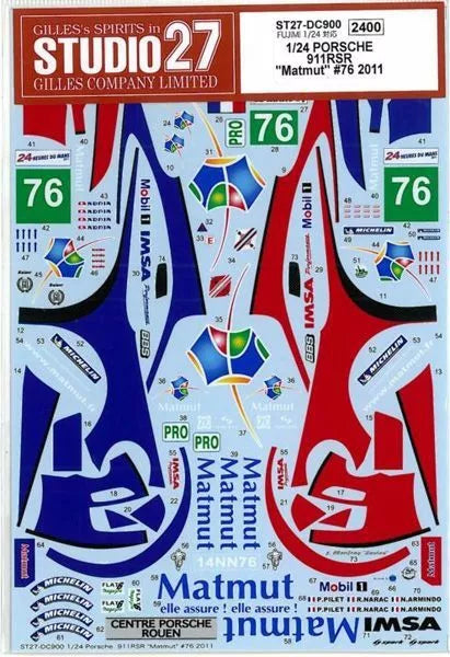 Studio27 DC900 1/24 Porsche 911RSR "Matmut" #76 2011 Fujimi Exclusive Decal - BanzaiHobby