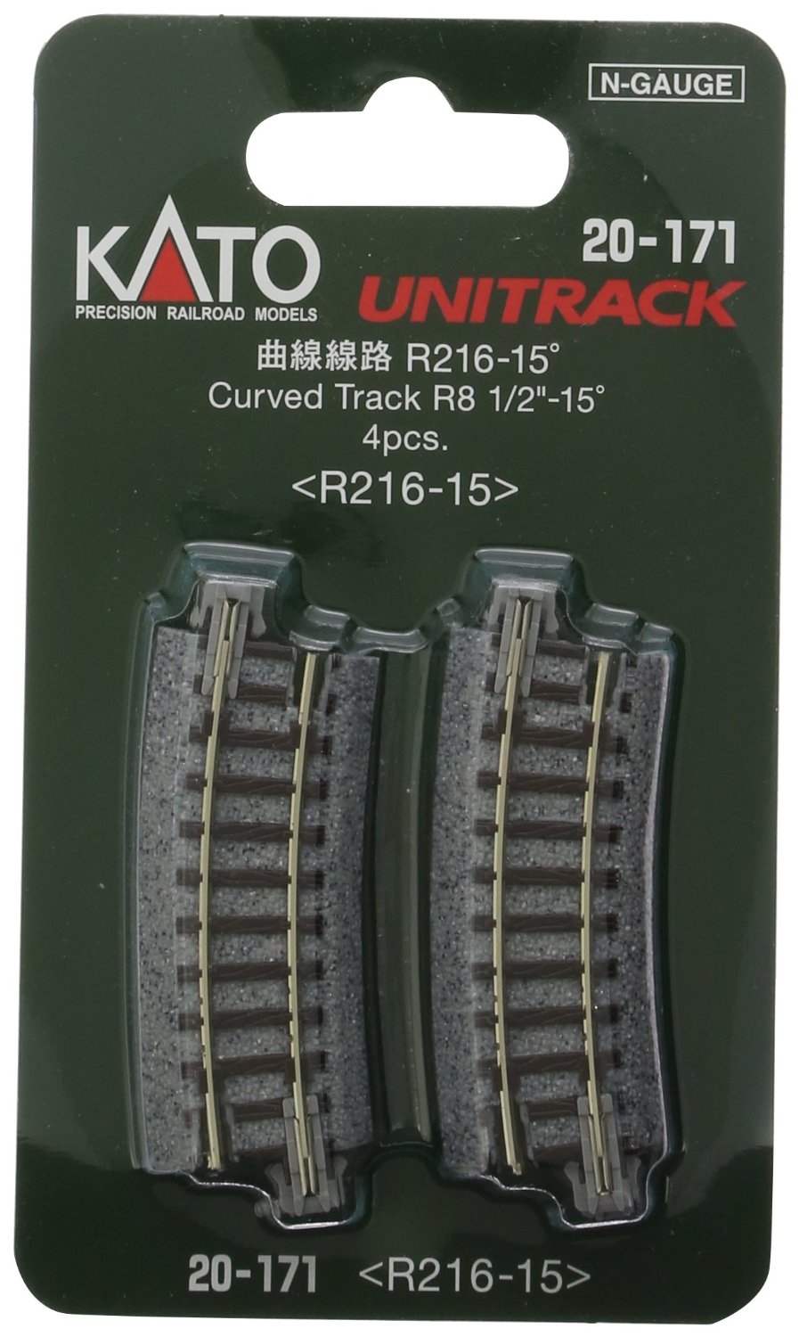 20-171 Unitrack 216mm 8 9/16" Radius 15-Degree Curve Track 4pcs